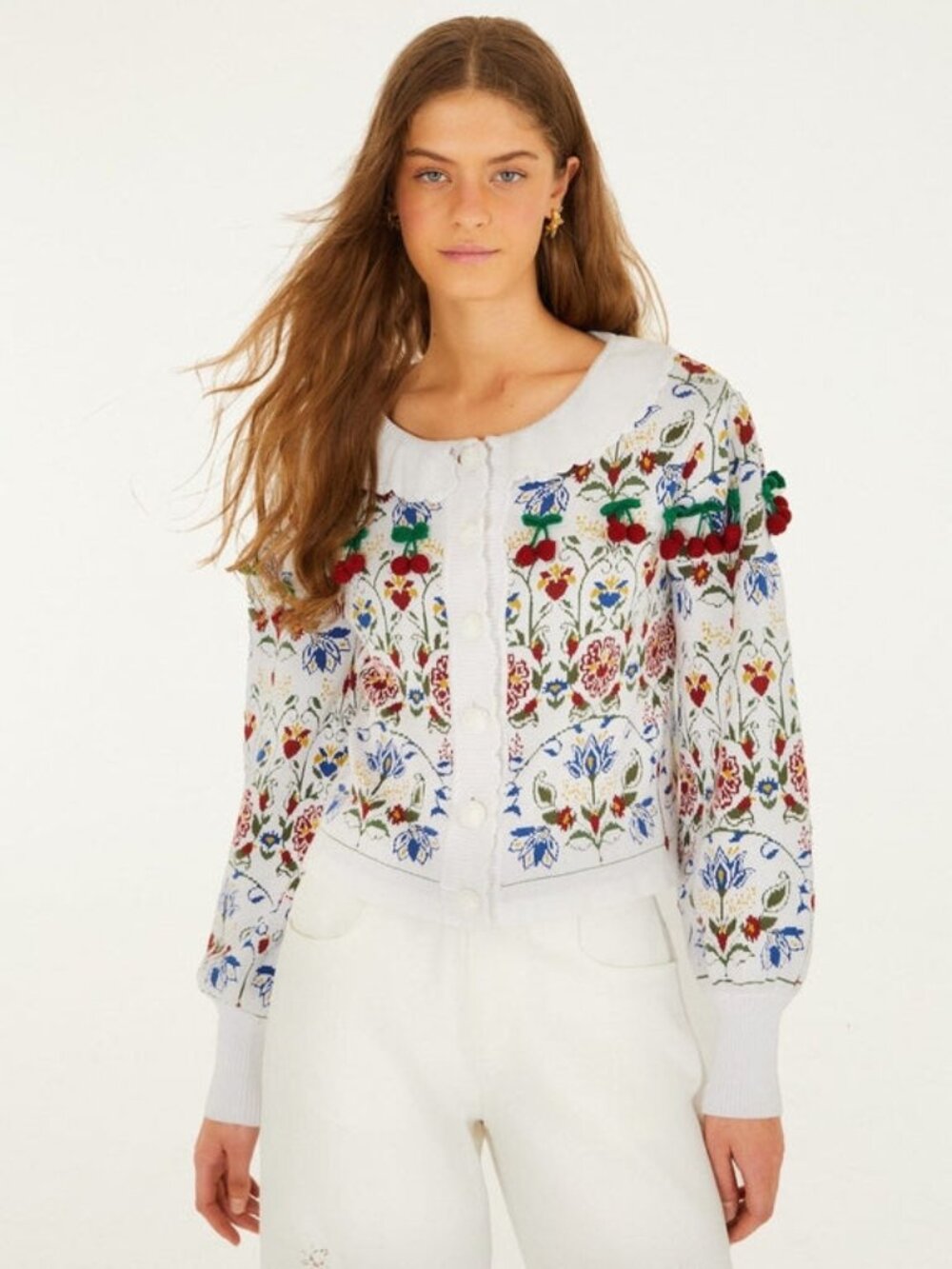 Farm Rio Stitched Garden Ainika Knit Cardigan Long Sleeves Size L Off White